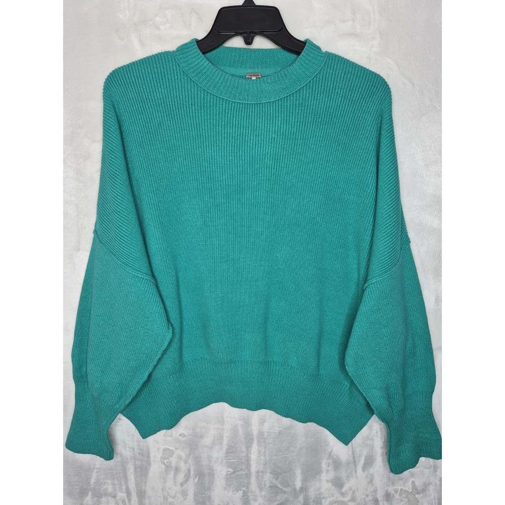 Free People Teal Green Knit Sweater Womens XS Oversized Crewneck Pullover 32x25